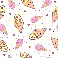 Seamless pattern with Funny kawaii ice cream cone characters with fruits on white. Endless texture with Cute cartoon desserts with smiling faces isolated on white. illustration