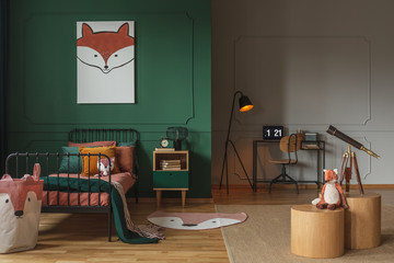 Fox head on vertical poster in emerald green teenager bedroom