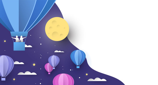 Paper hot air balloon background on night sky