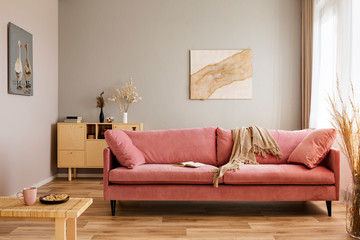 Comfortable velvet pastel pink couch in elegant beige interior with abstract painting