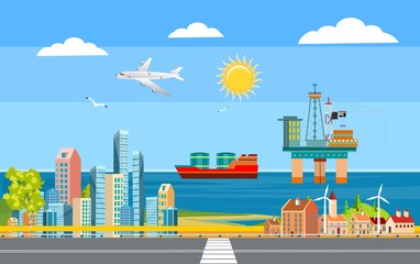 Urban landscape, city street , city buildings, towers on the sea coast. Oil platform on the sea surface. Buildings in the city and clouds in the sky. Flat, vector