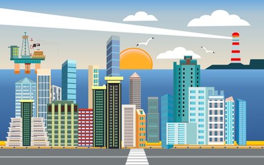 Urban landscape, city street , city buildings, towers on the sea coast. Oil platform on the sea surface. Buildings in the city and clouds in the sky. Flat, vector