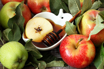 Apple and honey, traditional food of jewish New Year celebration, Rosh Hashana