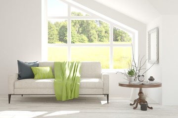 Stylish room in white color with sofa and summer landscape in window. Scandinavian interior design. 3D illustration