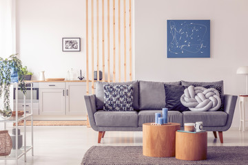 Two wooden block shape like coffee tables with kinck knacks in front of grey scandinavian sofa with pillows