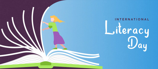 Literacy Day banner girl turning open book pages