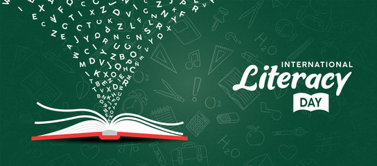 Literacy Day card concept open book and alphabet