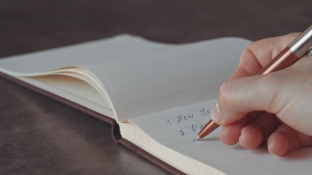 Female hand writing cities of countries