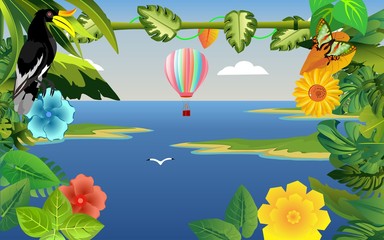 vector jungle theme illustration with, exotic plants. toucan bird sits on the bush, sea on the background. Tropical floral frame with blue sky. Design template