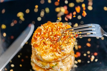 homemade meatballs, cutlets fried from red and white fish meat, in a vintage rustic bowl plate,...