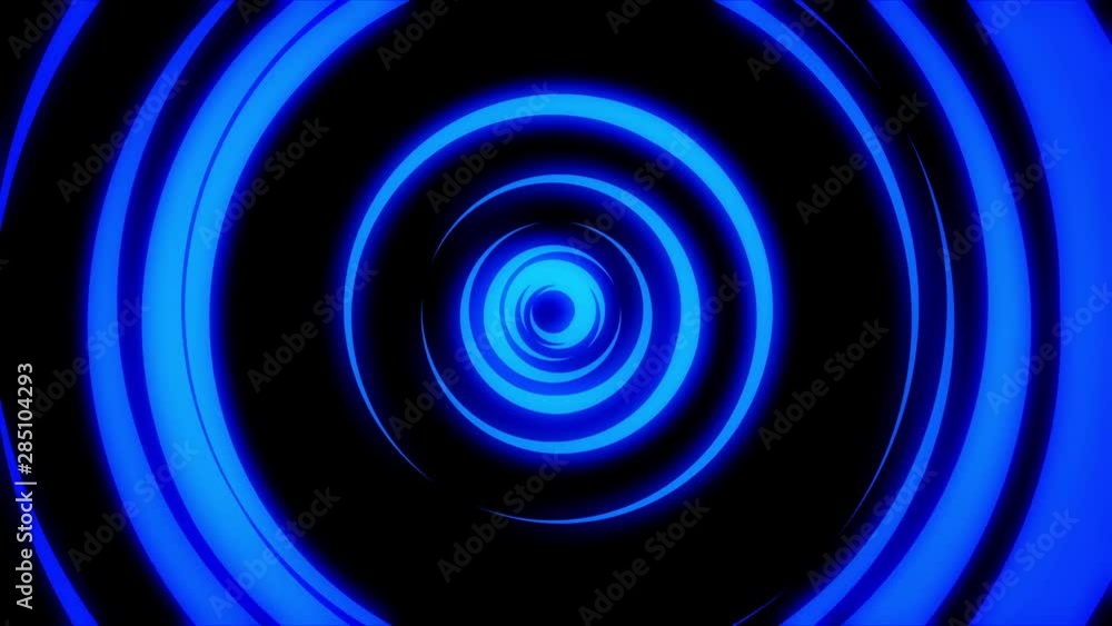 Poster abstract animation of light neon tunnel formed by colorful moving rings on black background. animati