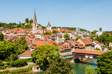 Fototapeta na wymiar Stadt Baden, katholische Kirche, Altstadt, Holzbrücke, Limmat, Fluss, Aargau, Sommer, Schweiz