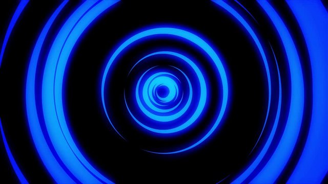 Abstract animation of light neon tunnel formed by colorful moving rings on black background. Animation. Colorful abstraction of neon circles rotating with different speed.