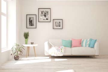 Stylish room in white color with sofa. Scandinavian interior design. 3D illustration