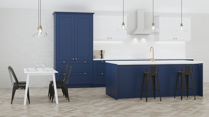 The interior of the kitchen in a private house. Blue kitchen. 3D rendering.