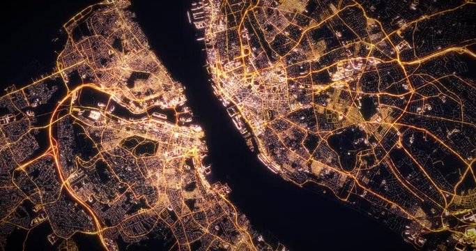 Aerial night view of city of Liverpool, UK. Traffic and street light glowing. Camera flying high above, moving away and rotating from space filming cinematic straight down. 3d animation rendering.