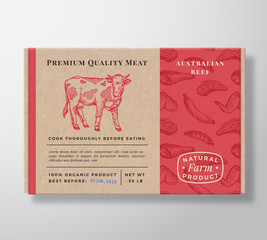 Meat Pattern Realistic Cardboard Box Container. Abstract Vector Packaging Design or Label. Modern Typography, Hand Drawn Cow Silhouette. Craft Paper Beef Background Layout.