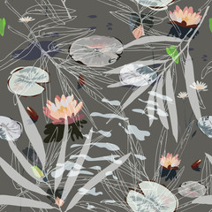 water lilies on a beige background, leaves in the pond, flowers, seamless pattern