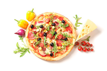 Tasty pizza and ingredients isolated on white background