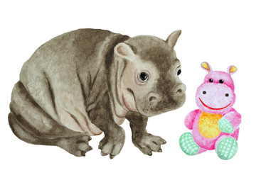 Baby hippo and toy hippopotamus on a white background, hand drawn watercolor.