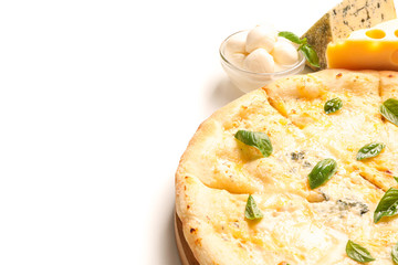 Cheese pizza and ingredients isolated on white background, close up