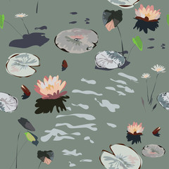 water lilies on a gray background, leaves in the pond, flowers, seamless pattern