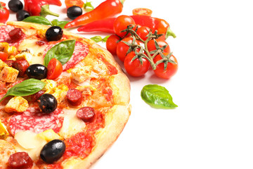 Delicious pizza and ingredients isolated on white background, close up