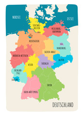 Illustrated map of Germany with labels. Vector, colorful hand drawn style.