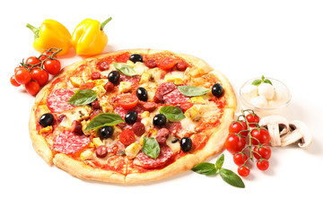 Delicious pizza and ingredients isolated on white background