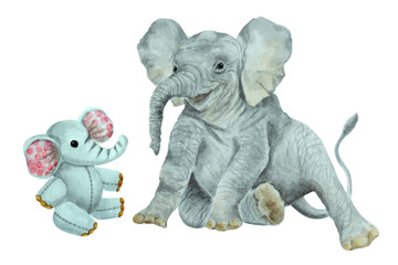 Fototapeta premium Baby elephant and little toy elephant on a white background, hand drawn watercolor.