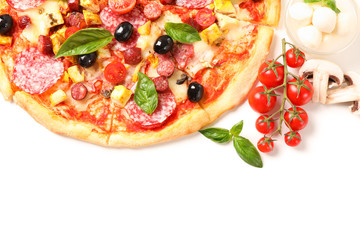 Delicious pizza and ingredients isolated on white background