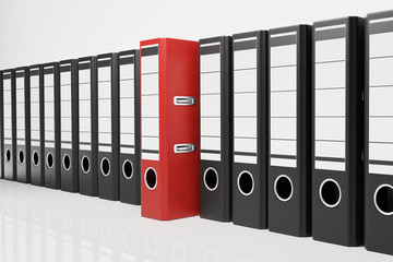 large row of black office folders with one red binder, conceptual archive 3D Illustration