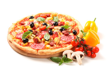 Tasty pizza and ingredients isolated on white background