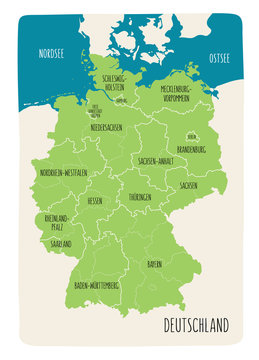 Illustrated map of Germany with labels. Vector, hand drawn style. Green color