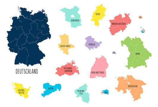 Map of Germany with separated landers with labels. Vector, colorful hand drawn style.