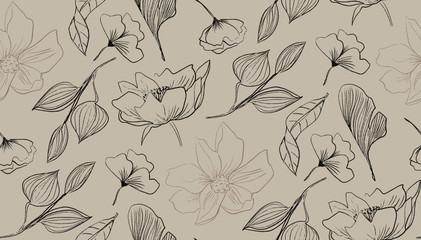 Beige hand drawn floral seamless pattern