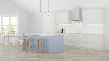 The interior of the kitchen in a private house. White kitchen with a blue island. 3D rendering.