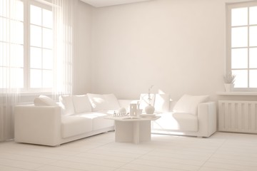 Mock up of stylish room in white color with sofa. Scandinavian interior design. 3D illustration