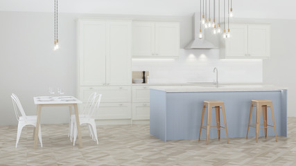 The interior of the kitchen in a private house. White kitchen with a blue island. 3D rendering.