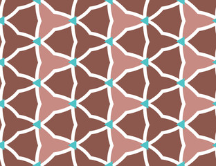 Vector seamless geometric pattern. Shaped white barbed wires, turquoise triangles in brown background.