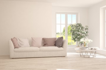 Stylish room in white color with sofa. Scandinavian interior design. 3D illustration