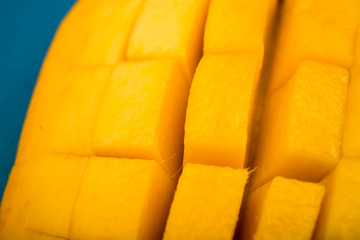 Mango fruit slice close up stock photo, mango cube, Multani Chaunsa