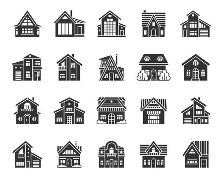 Cottage House black silhouette icons vector set