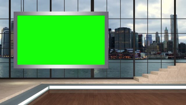 102 HD News Talkshow TV Virtual Studio Green Screen Background CityScape Monitor
