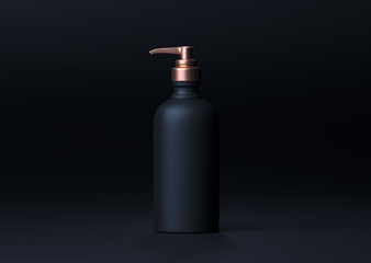 Dispenser bottle. Ads cosmetic template mockup realistic bottle with airless pump, container for liquid gel, soap, lotion, cream, shampoo, bath foam on black background. 3d rendering