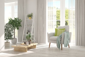 Stylish room in white color with armchair. Scandinavian interior design. 3D illustration