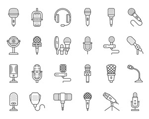 Microphone simple black line icons vector set
