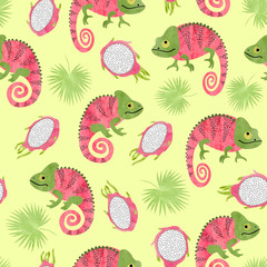 Seamless tropical pattern with chameleons and dragon fruits. © Afanasia