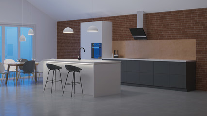 The interior of the kitchen in a private house. White - gray Scandinavian style kitchen. Night. Evening lighting. 3D rendering.