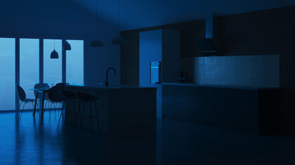 The interior of the kitchen in a private house. White - gray Scandinavian style kitchen. Night. Evening lighting. 3D rendering.